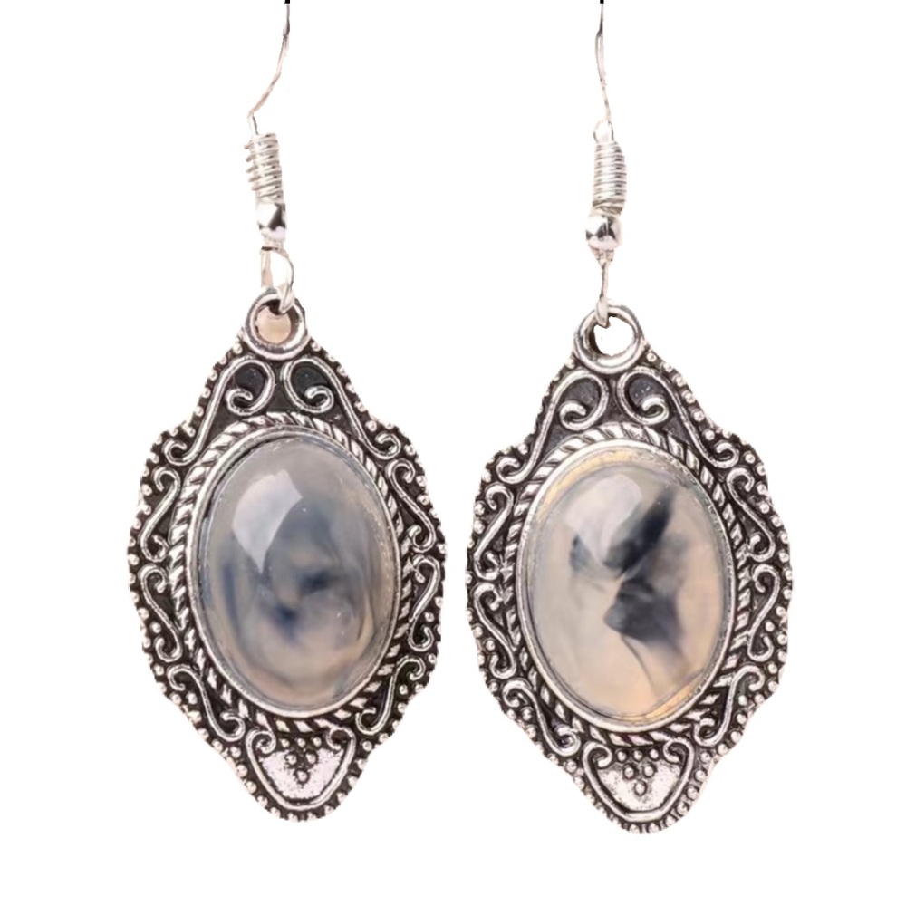 New Sterling Silver White Moonstone Watercolour Rope Antique Boho Bali Earrings